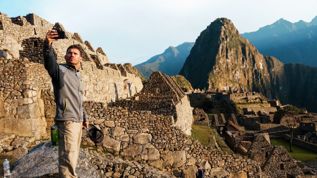 A man taking a selfie along the Inca Trail in Peru.