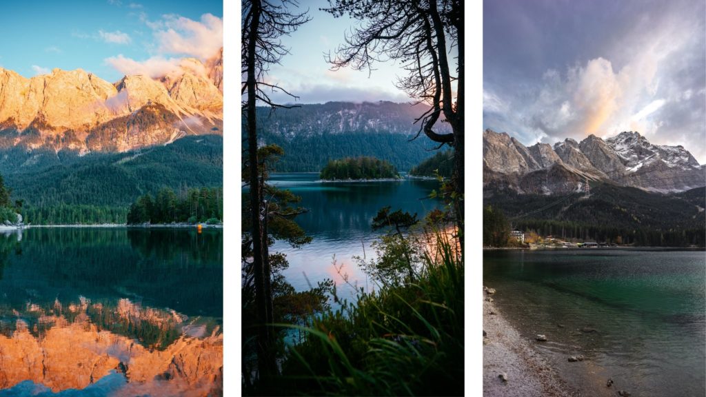 3 photo collage of Eibsee Lake in Bavaria, Germany.