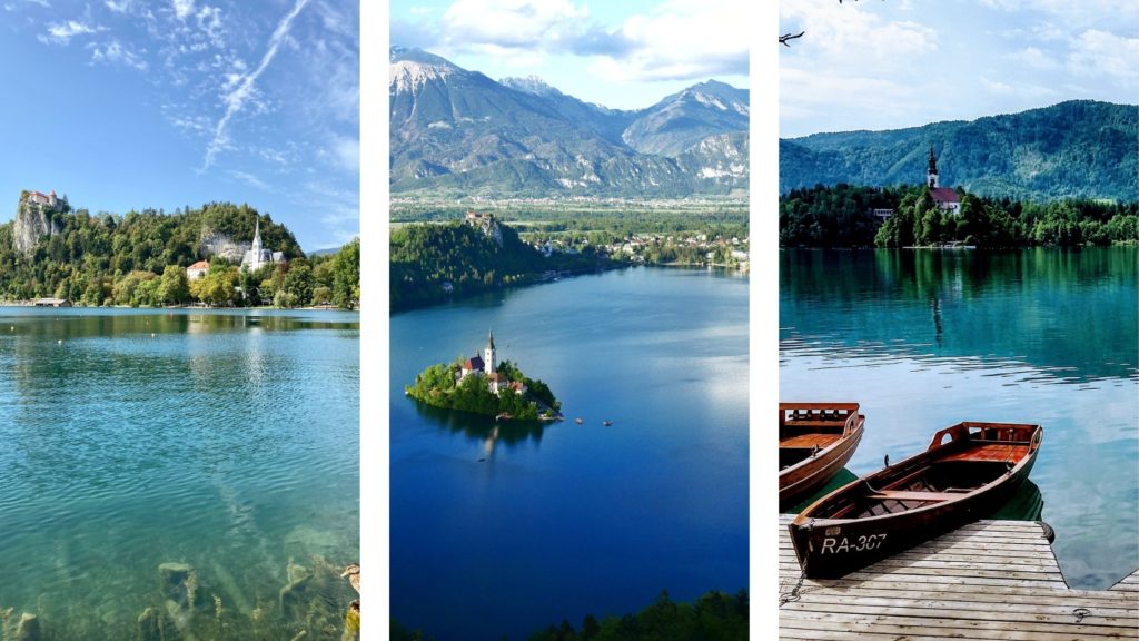 3 photo collage of lakes in Slovenia.
