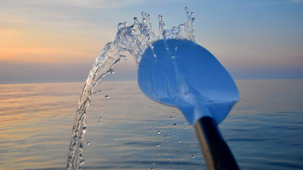 A blue paddle flicking water.